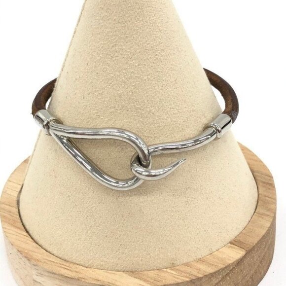 Authentic HERMES Jumbo Hook Bracelet Stainless Steel Leather Silver Brown - Picture 3 of 7